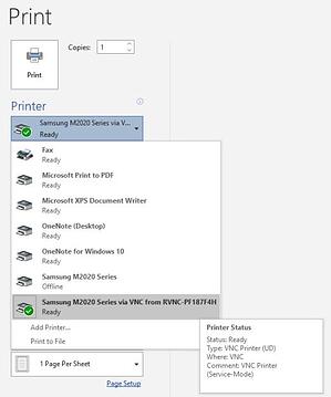 VNC Connect Print file local printer remote access menu