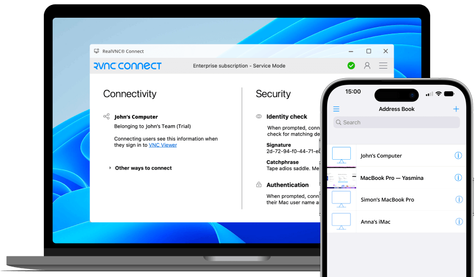 RealVNC Connect shown on laptop and mobile device