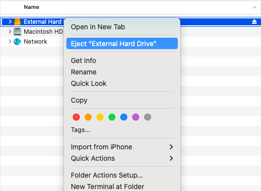 Screenshot of how to eject an external hard drive from a Mac